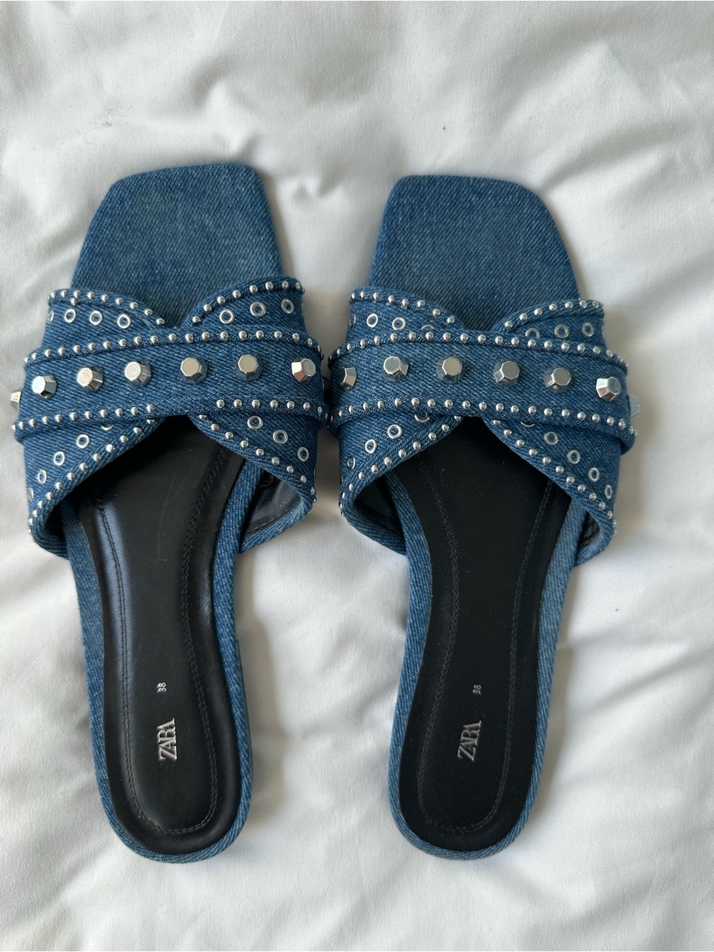 ZARA Denim Cross-strap Studded Mules - Blue